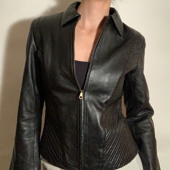 Vintage Black Real Leather Jacket with Tapered Waist